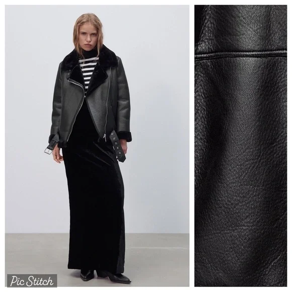 Zara Black Faux Leather Shearling Biker Jacket - Picture 3 of 16